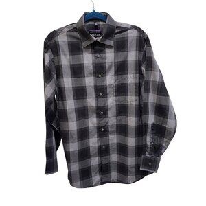 Geoffrey Beene Mens 15.5 32/33 Plaid Long Sleeve Dress Shirt Gray Black Classic